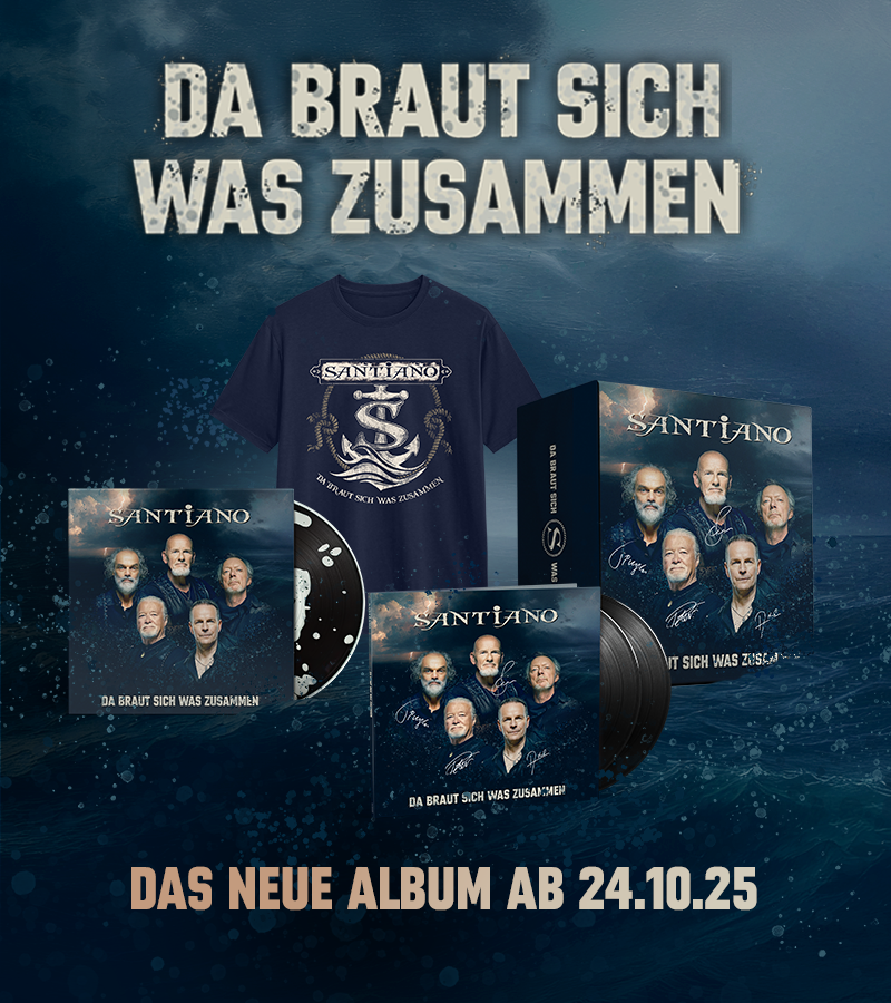 "Santiano da braut sich was zusammen" Banner mit Musikformaten, T-Shirt und "Das neue Album ab 24.10.25"